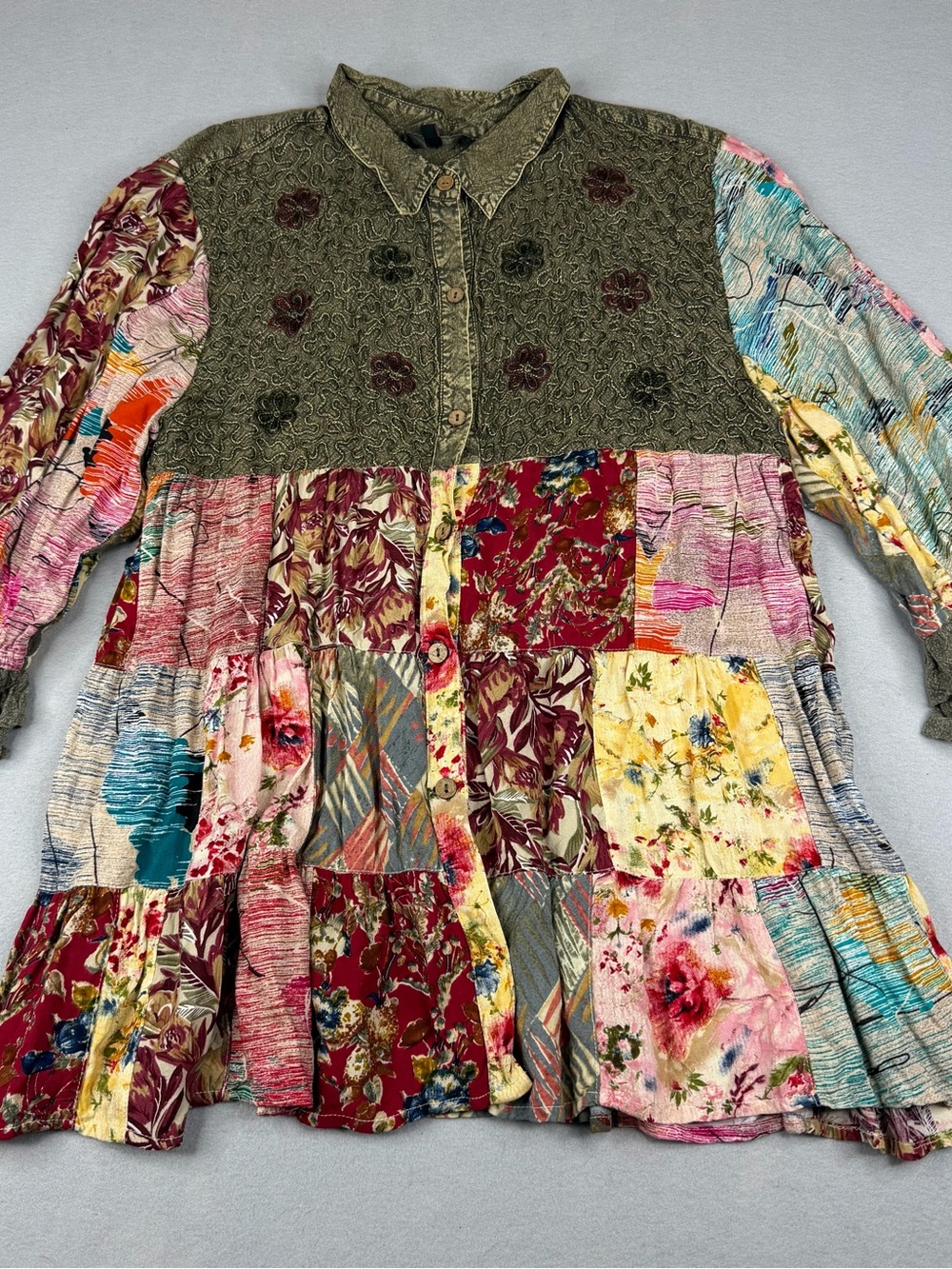 Young Threads XL Patchwork Tunic Top Boho Western Embroidered Floral Peasant